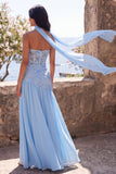 Chiffon Blue A-Line Sweetheart Floral Maxi Dress with Slit