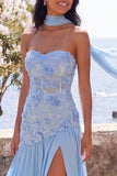 Chiffon Blue A-Line Sweetheart Floral Maxi Dress with Slit