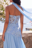 Chiffon Blue A-Line Sweetheart Floral Maxi Dress with Slit