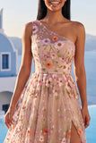 One Shoulder Champagne A-Line Embroidered Maxi Floral Dress with Slit