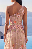 One Shoulder Champagne A-Line Embroidered Maxi Floral Dress with Slit