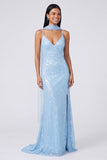 Yellow Mermaid Sequin Spaghetti Straps Maxi Dress with Slit