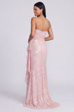 Strapless Light Pink Sequin Ruched Mermaid Formal Dress
