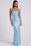 Square Neck Sequin Light Blue Mermaid Formal Dress