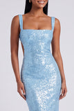 Square Neck Sequin Light Blue Mermaid Formal Dress
