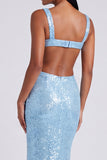 Square Neck Sequin Light Blue Mermaid Formal Dress
