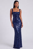 Square Neck Sequin Light Blue Mermaid Formal Dress