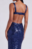 Square Neck Sequin Light Blue Mermaid Formal Dress