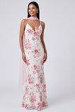 White Pink Mermaid Maxi Floral Dress with Sequins
