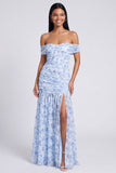 Off the Shoulder A Line Pink Floral Maxi Dress with Slit