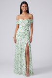 Off the Shoulder A Line Pink Floral Maxi Dress with Slit