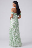 Off the Shoulder A Line Pink Floral Maxi Dress with Slit