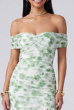 Off the Shoulder A Line Pink Floral Maxi Dress with Slit