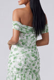 Off the Shoulder A Line Pink Floral Maxi Dress with Slit