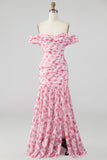 Off the Shoulder A Line Pink Floral Maxi Dress with Slit
