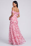 Off the Shoulder A Line Pink Floral Maxi Dress with Slit
