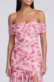 Off the Shoulder A Line Pink Floral Maxi Dress with Slit