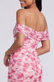 Off the Shoulder A Line Pink Floral Maxi Dress with Slit