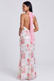 Light Pink Halter Mermaid Maxi Floral Dress