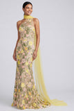 One Shoulder Yellow Mermaid Appliqued Maxi Floral Dress