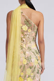One Shoulder Yellow Mermaid Appliqued Maxi Floral Dress