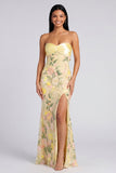 Strapless Yellow Mermaid Floral Maxi Dress with Slit