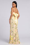 Strapless Yellow Mermaid Floral Maxi Dress with Slit