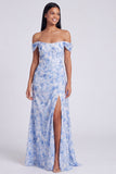 Off The Shoulder Blue Floral A Line Formal Dress with Slit