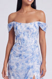 Off The Shoulder Blue Floral A Line Formal Dress with Slit