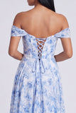 Off The Shoulder Blue Floral A Line Formal Dress with Slit