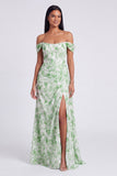 Off The Shoulder Blue Floral A Line Formal Dress with Slit