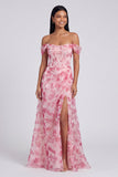 Off The Shoulder Blue Floral A Line Formal Dress with Slit