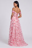 Off The Shoulder Blue Floral A Line Formal Dress with Slit