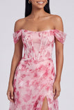 Off The Shoulder Blue Floral A Line Formal Dress with Slit
