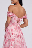 Off The Shoulder Blue Floral A Line Formal Dress with Slit