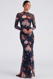 Ivory Floral Boat Neck Mermaid Long Sleeve Formal Dress