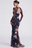 Ivory Floral Boat Neck Mermaid Long Sleeve Formal Dress