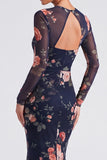 Ivory Floral Boat Neck Mermaid Long Sleeve Formal Dress