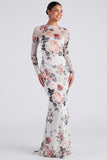 Ivory Floral Boat Neck Mermaid Long Sleeve Formal Dress