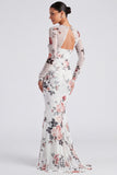Ivory Floral Boat Neck Mermaid Long Sleeve Formal Dress