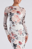 Ivory Floral Boat Neck Mermaid Long Sleeve Formal Dress