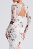 Ivory Floral Boat Neck Mermaid Long Sleeve Formal Dress