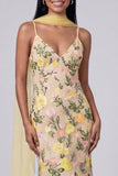 Yellow Floral Spaghetti Straps Mermaid Formal Dress with Neck Scarf