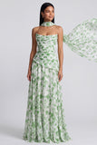 Light Green Strapless A Line Floral Maxi Dress with Scarf