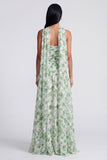 Light Green Strapless A Line Floral Maxi Dress with Scarf