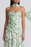 Light Green Strapless A Line Floral Maxi Dress with Scarf
