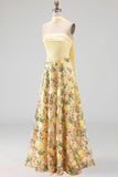 Strapless Yellow A Line Maxi Floral Dress with Scarf