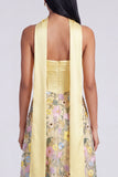 Strapless Yellow A Line Maxi Floral Dress with Scarf