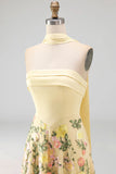 Strapless Yellow A Line Maxi Floral Dress with Scarf
