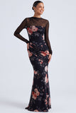 Black Floral Illusion Neck Mermaid Long Sleeve Formal Dress